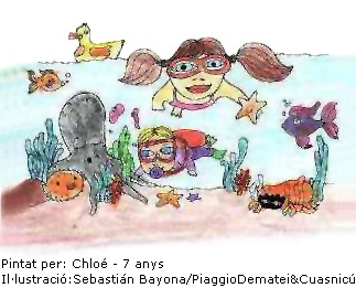 Dibuix nens en el mar pintat per Chloé 7 anys