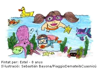 Dibuix de nens en el mar pintat per Estel de 8 anys