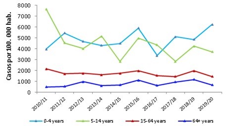 Taxa incidència grip 2010-2020