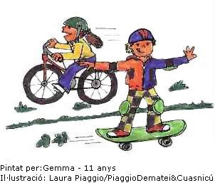 Nens jugant amb la bicicleta i el monopatí pintat per Gemma d'11 anys