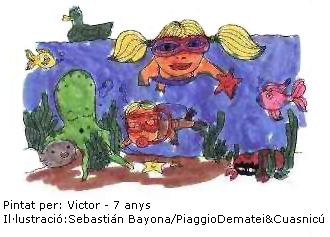 Dibuix de nens en el mar pintat per Victor de 7 anys