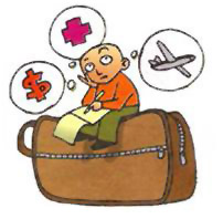 Persona sentada en una maleta pensando en: dinero, salud, medio de transporte